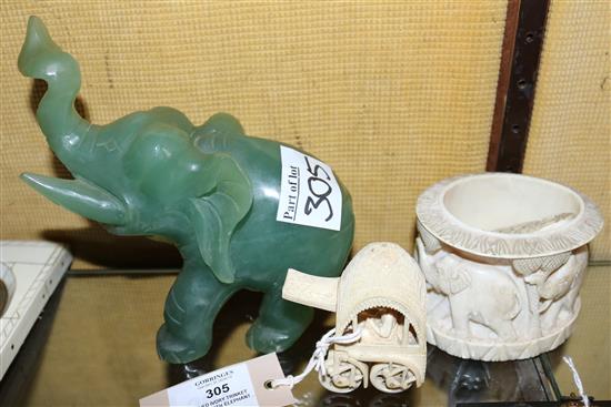 Carved ivory trinket oval box with elephant decoration and a Indian ivory ox and carriage group